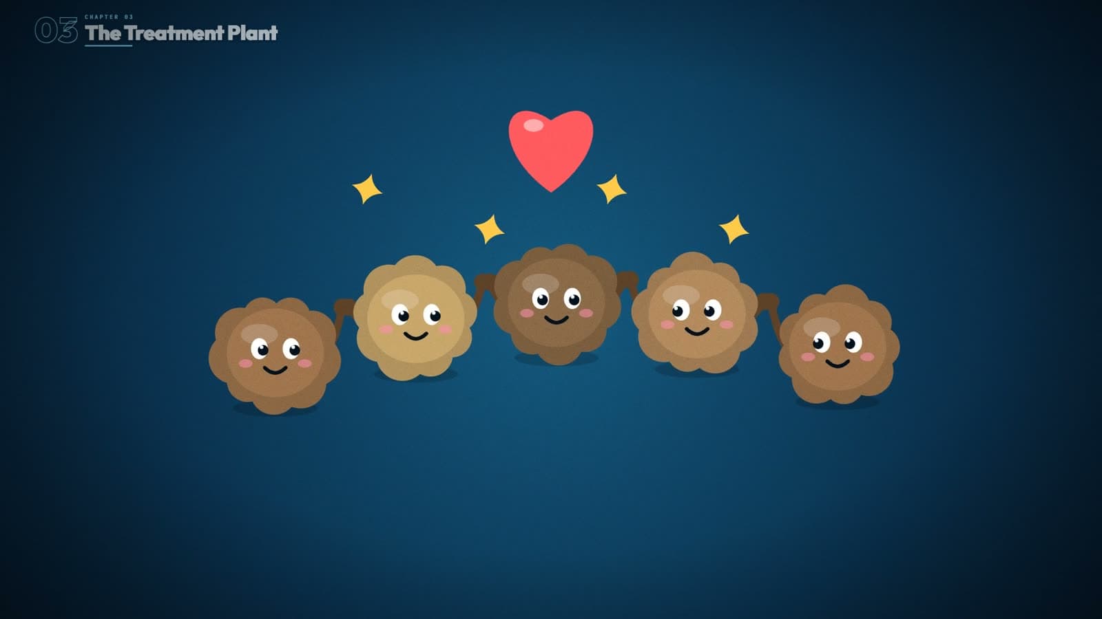 Five cartoon dirt clumps with faces holding hands under a heart