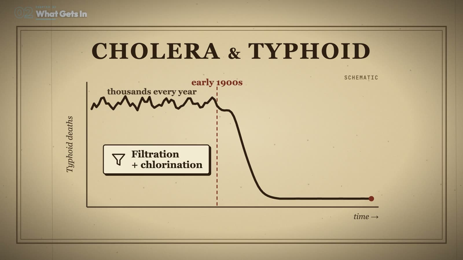 A vintage chart showing typhoid deaths dropping sharply after filtration and chlorination in the early 1900s