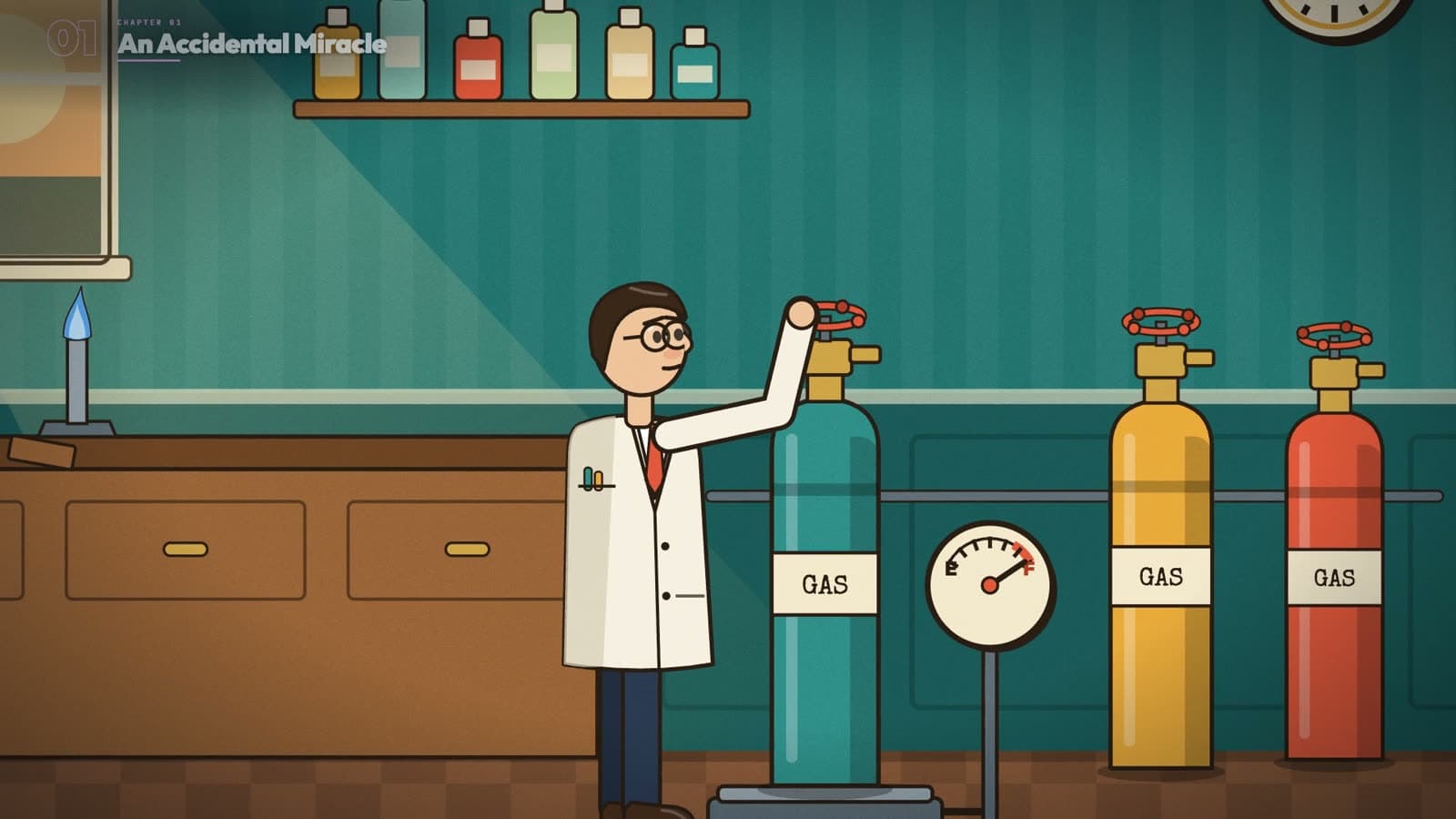 Animated scene: Roy Plunkett in a 1938 lab, opening a gas cylinder beside a pressure gauge.